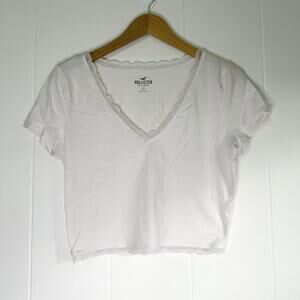Hollister White Floral Lace Trim Short Sleeve Crop Top Shirt Women's Large